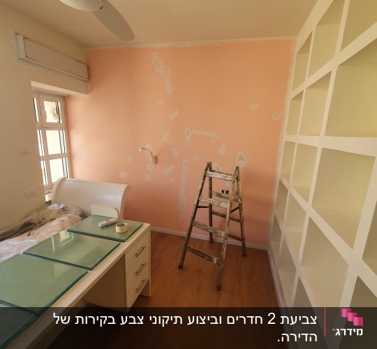קיר ורוד עם תיקוני צבע וסולם עץ
